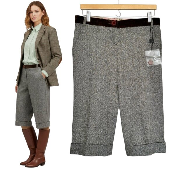 NWT D&G Dolce & Gabbana Short Capri Pants Sz 4 Brown Wool Tweed Cuffed Preppy - Picture 1 of 13